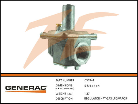 Generac G055944 Fuel Regulator Nat Gas/LP Vapor 1/2PSI inlet pressure