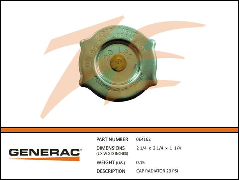 Generac 0E4162 Radiator Cap 20 PSI