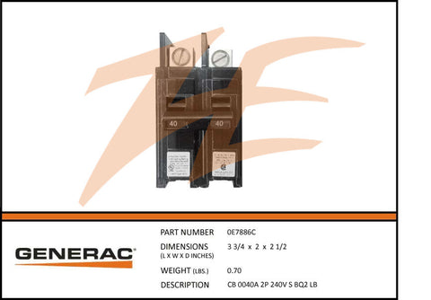 Generac 0E7886C Circuit Breaker 40A 2 Pole 240V