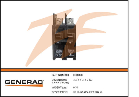 Generac 0E7886D Circuit Breaker 45A 2 Pole 240V