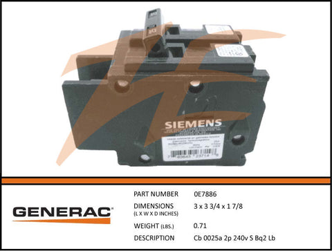 Generac 0E7886 Circuit Breaker 25A 2 Pole 240V