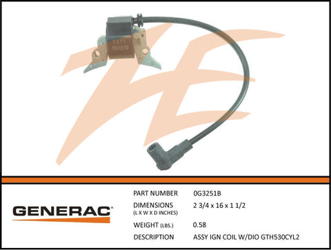 Generac 0G3251TB Ignition Coil Assembly w/Diode GT530 Cyl2