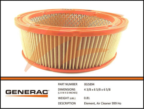 Generac 0G5894 Air Cleaner Element 999cc 20kW