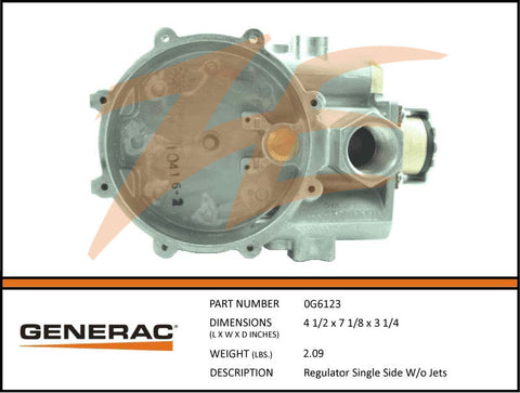 Generac 0G6123 Fuel Regulator Assembly Single Side w/o Jets