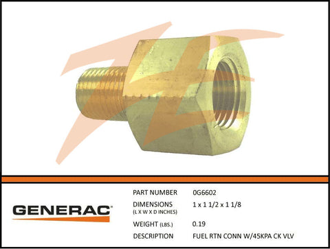 Generac 0G6602 Fuel Return Connection w/ 45KPA Check Valve