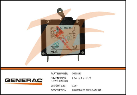 Generac 0G9023C 30A Circuit Breaker 2 Pole 240V